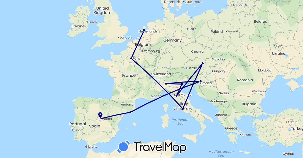 TravelMap itinerary: driving in Austria, Spain, France, Croatia, Italy, Netherlands (Europe)